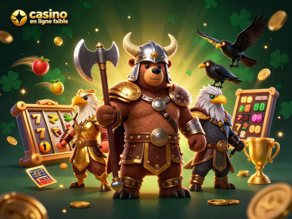 Jouez à casino en ligne fiable avec un ours viking et des éléments de machines à sous, scène dynamique et colorée.