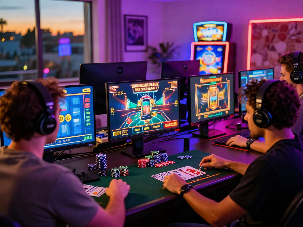 Expérience immersive dans un nouveau casino en ligne avec des joueurs engagés devant des écrans lumineux.