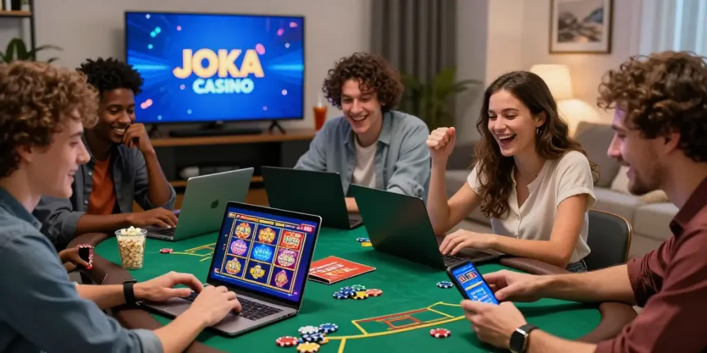 Engaging group of friends playing at jokacasino, enjoying online casino games in a lively setting.