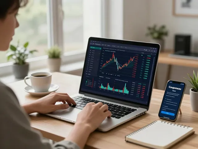 Couponeau, utilisateur interagissant avec l'application de trading automatisé dans un bureau moderne.