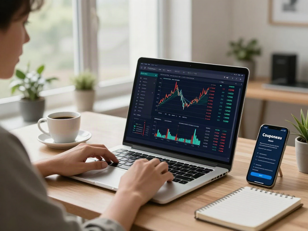 Couponeau, utilisateur interagissant avec l'application de trading automatisé dans un bureau moderne.