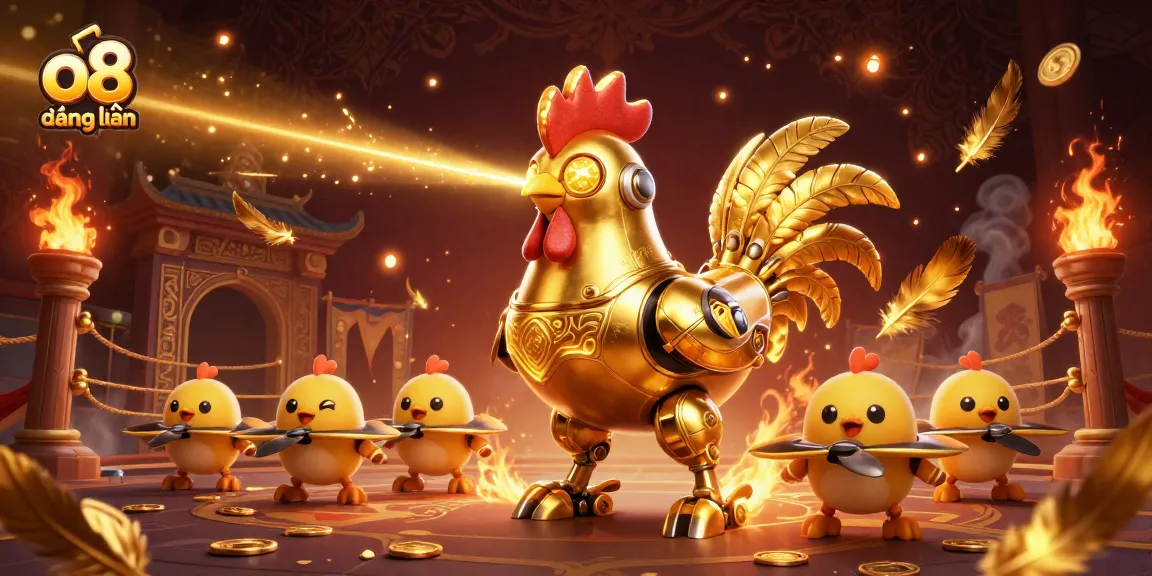Engage in thrilling gaming action with o8 đăng nhập, featuring a golden rooster robot and chick drones amidst casino elements.