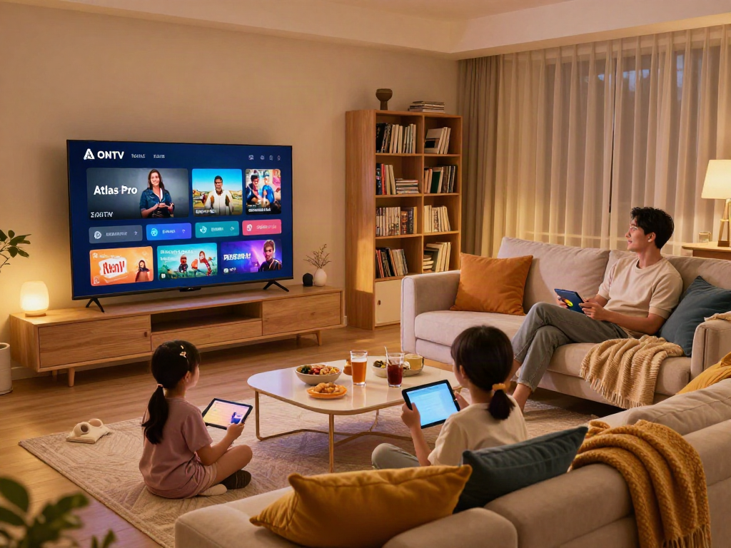 Téléchargez l'application Atlas Pro ONTV dans un salon moderne où une famille regarde des chaînes en direct.