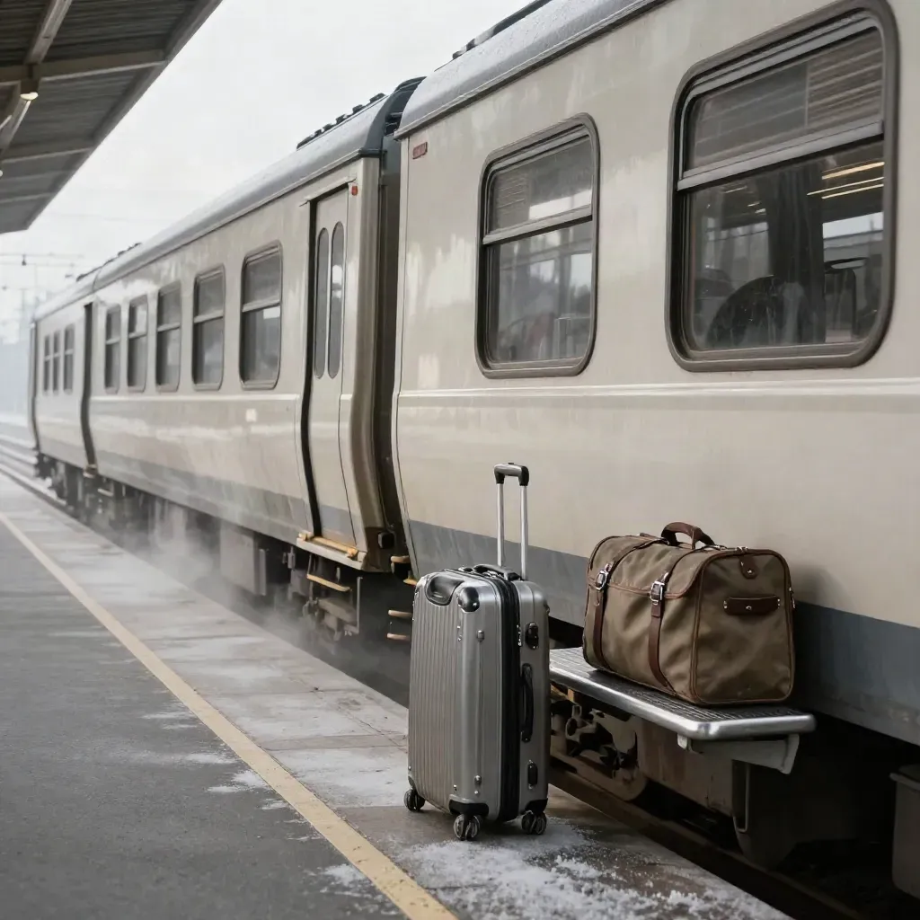 Un TER quitte un quai de gare avec valises, vapeur et lumière du matin.