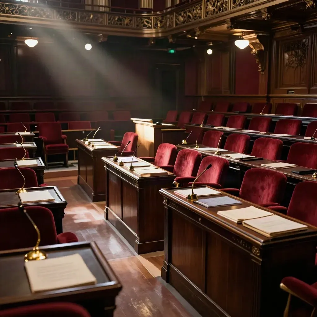 L’hémicycle de l’Assemblée nationale en débat budgétaire, sièges rouges et lumières chaudes.
