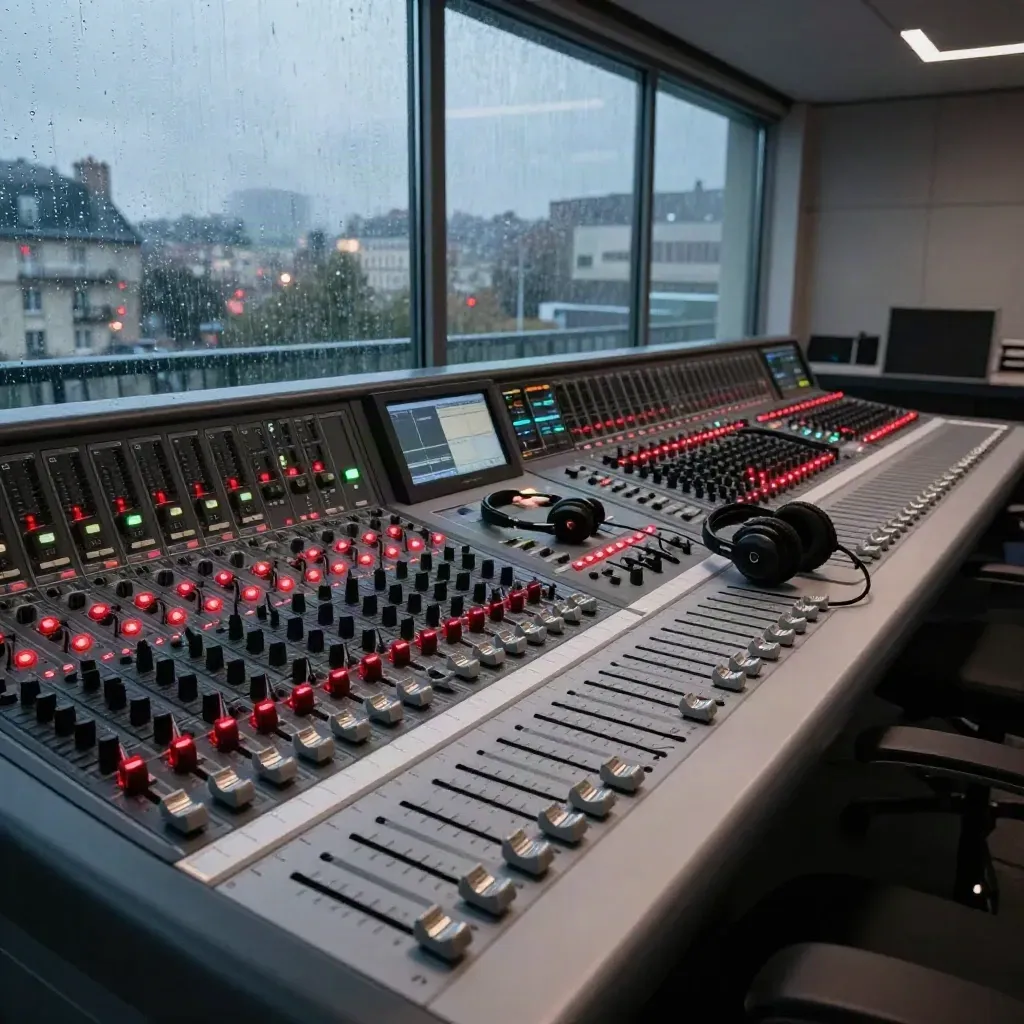 Console de régie de rédaction, lumières rouges et pluie sur la vitre au petit matin.