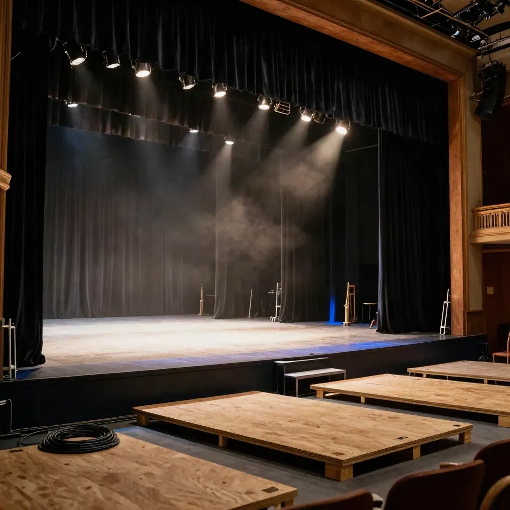 Coulisses du festival d’Avignon avec rideau noir, praticables et projecteurs en lumière chaude.