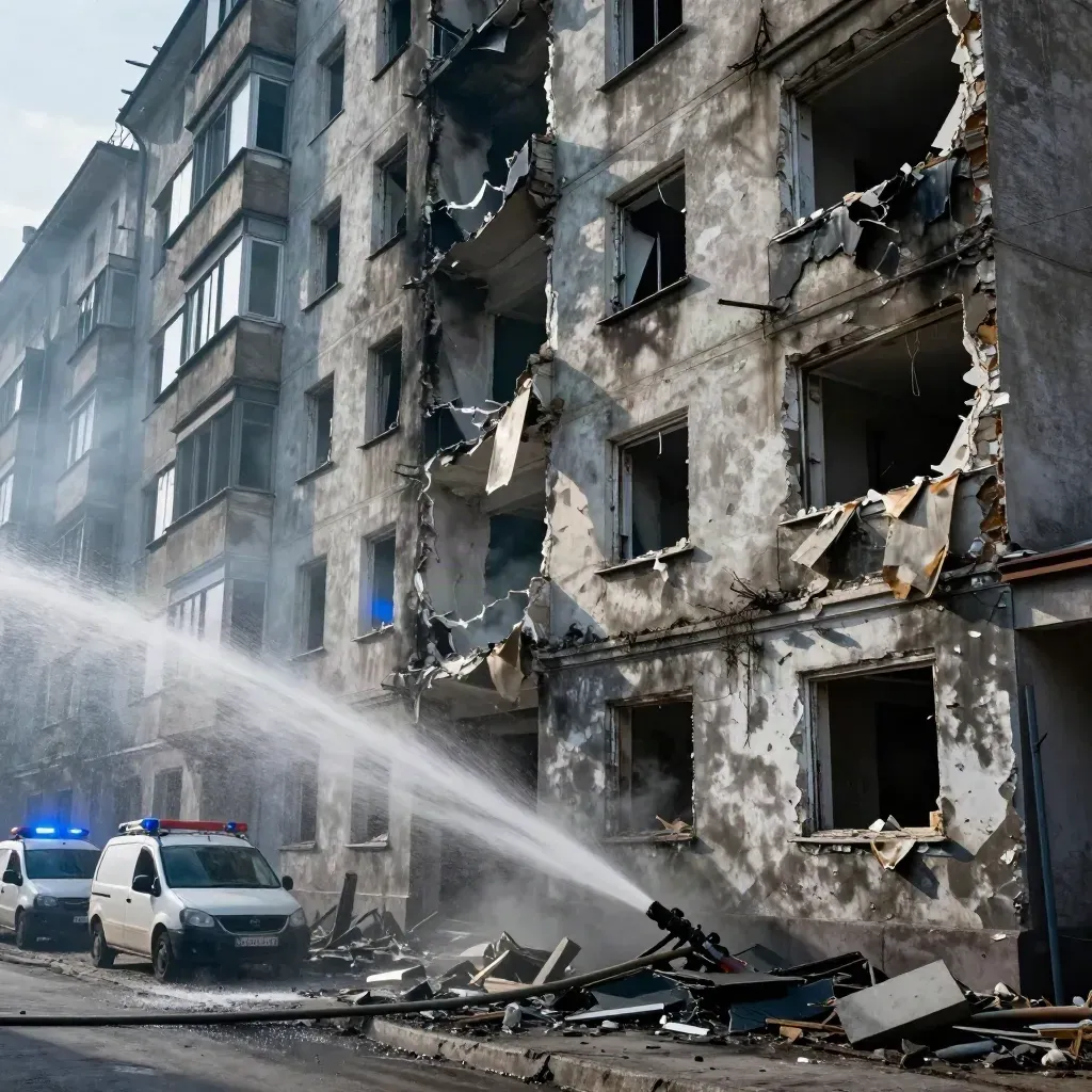 Façade d’immeuble soufflée à Kyiv, fumée lourde, véhicules de secours et éclats au sol.