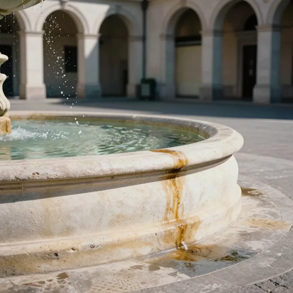 Fontaine arrêtée sur une place française écrasée de chaleur, volets clos et mirage sur les pavés.