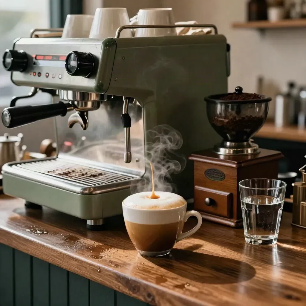 Comptoir de café, machine espresso, mousse débordante et vapeur dans une lumière dramatique.
