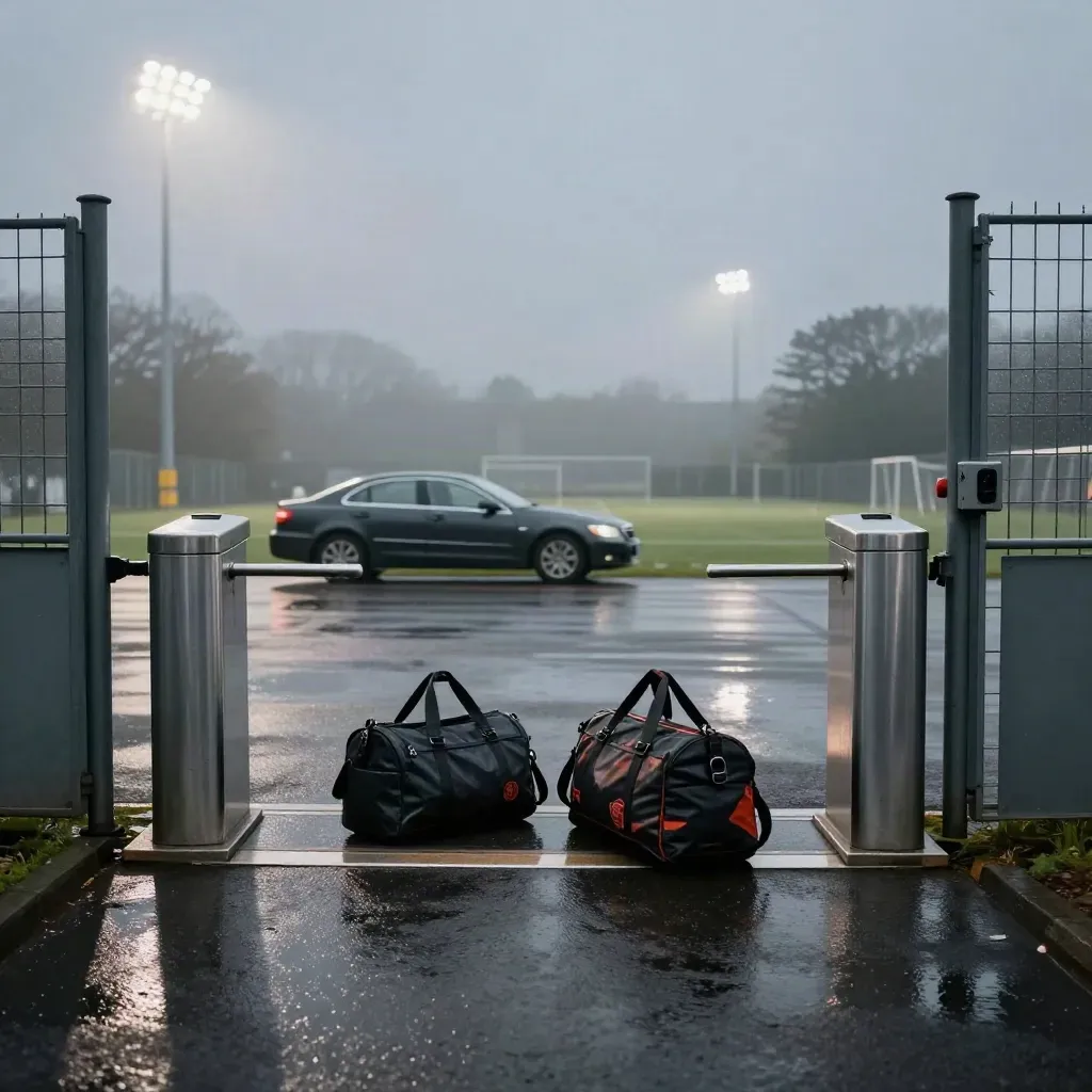 Entrée d’un centre d’entraînement de football la nuit, voiture sombre, valises sportives, projecteurs.