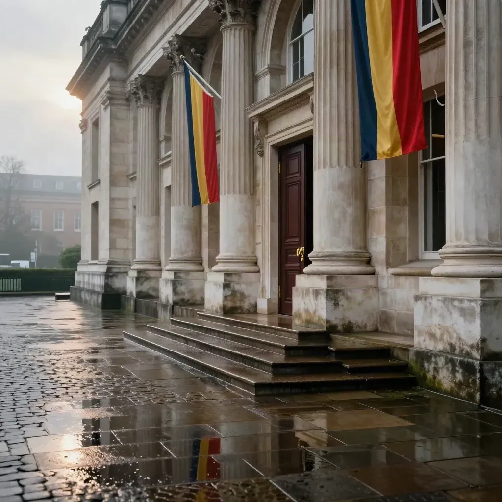 Façade d’un palais institutionnel après la pluie, portes entrouvertes et pavés mouillés.
