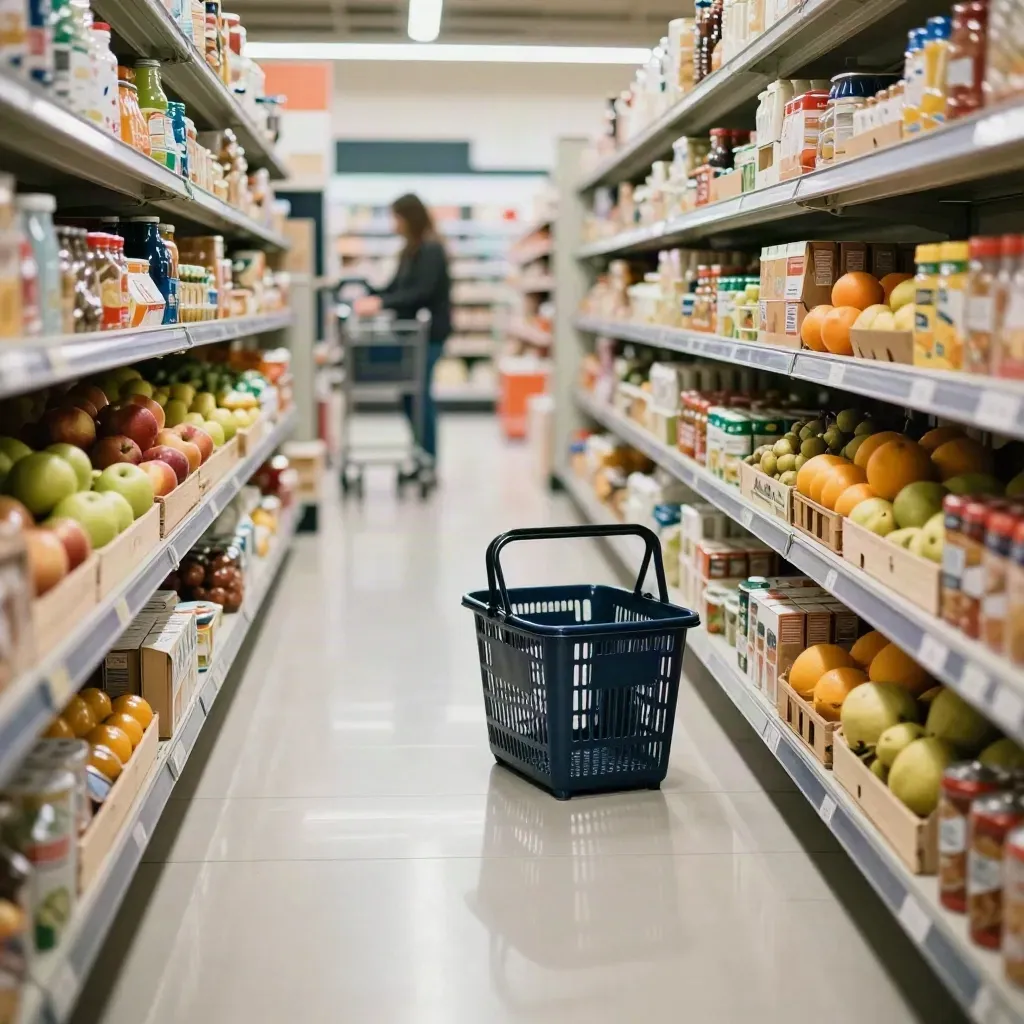 Allée de supermarché avec chariot, cageots de fruits et cartons, client flou au fond.