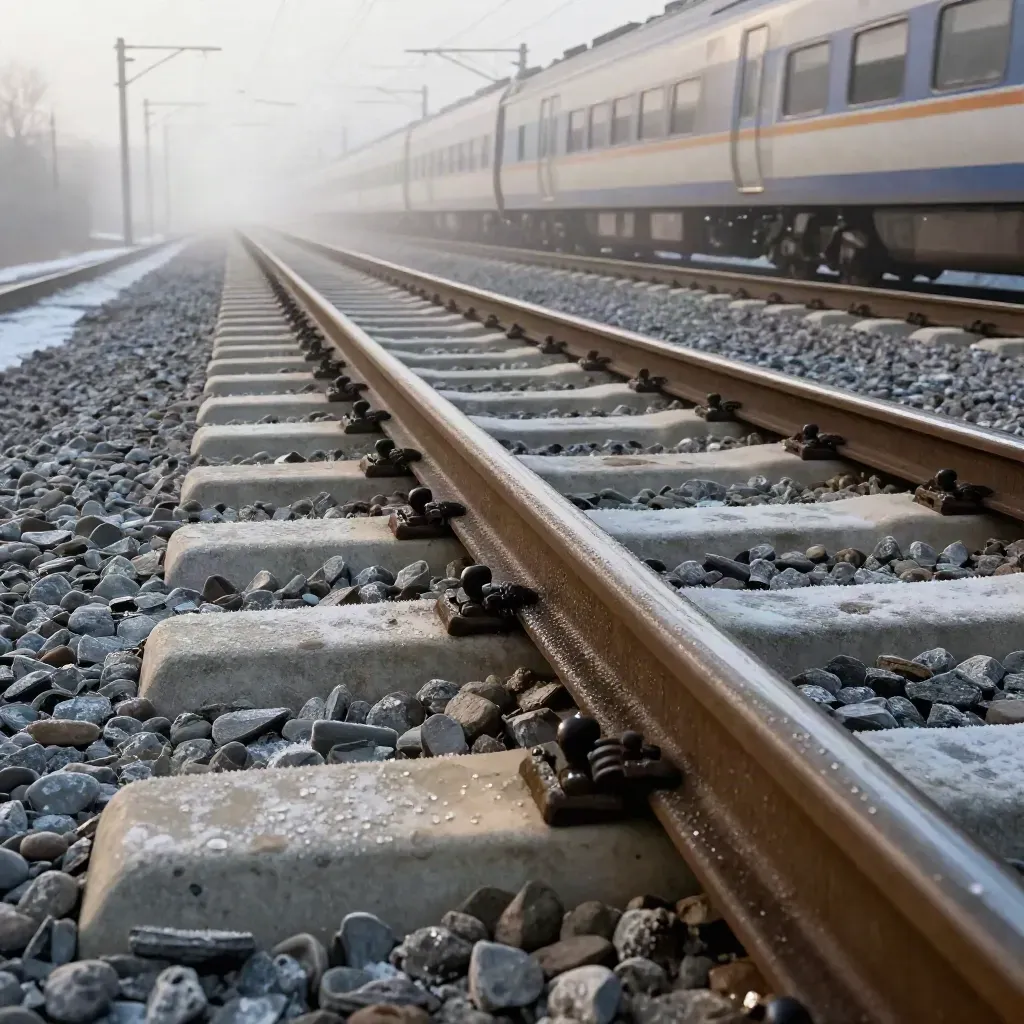Aiguillage enneigé vibré par un train, rails mouillés dans le brouillard.