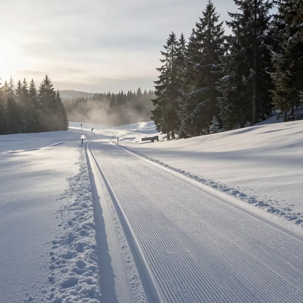 Piste de ski de fond à l’aube, traces fraîchement damées et lumière rasante sur la neige.