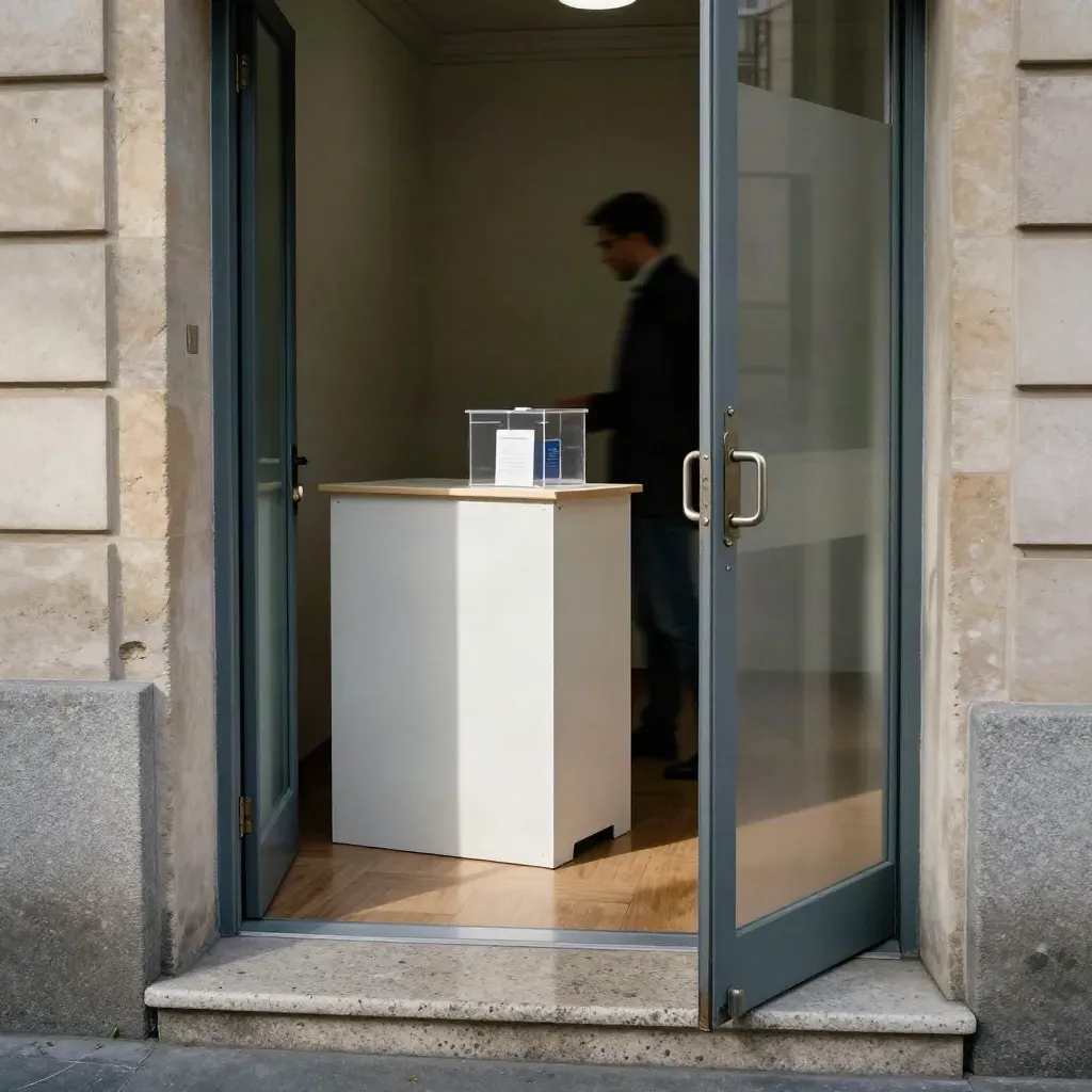 Entrée d’un bureau de vote avec isoloirs, urne transparente et lumière du matin.