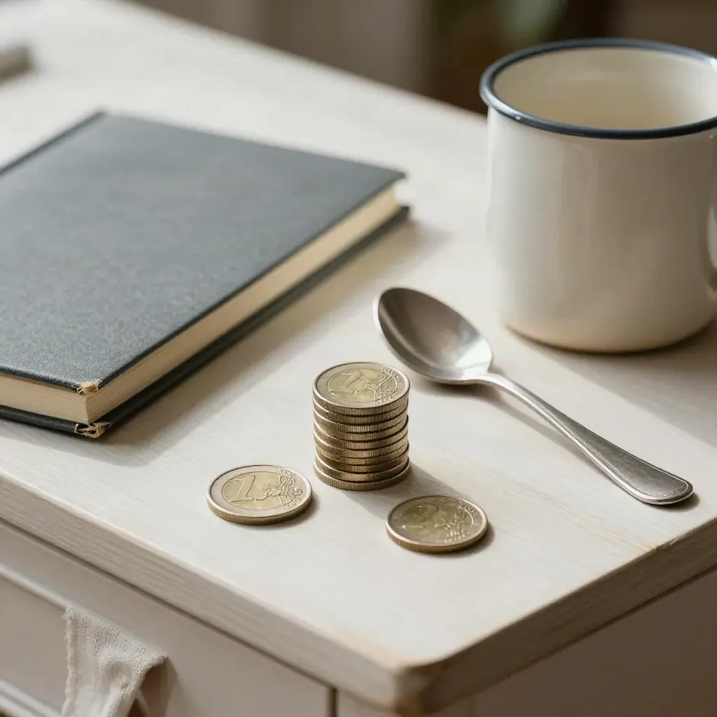Pièces euro, cuillère, carnet fermé et tasse émaillée sur bureau clair, lumière douce.