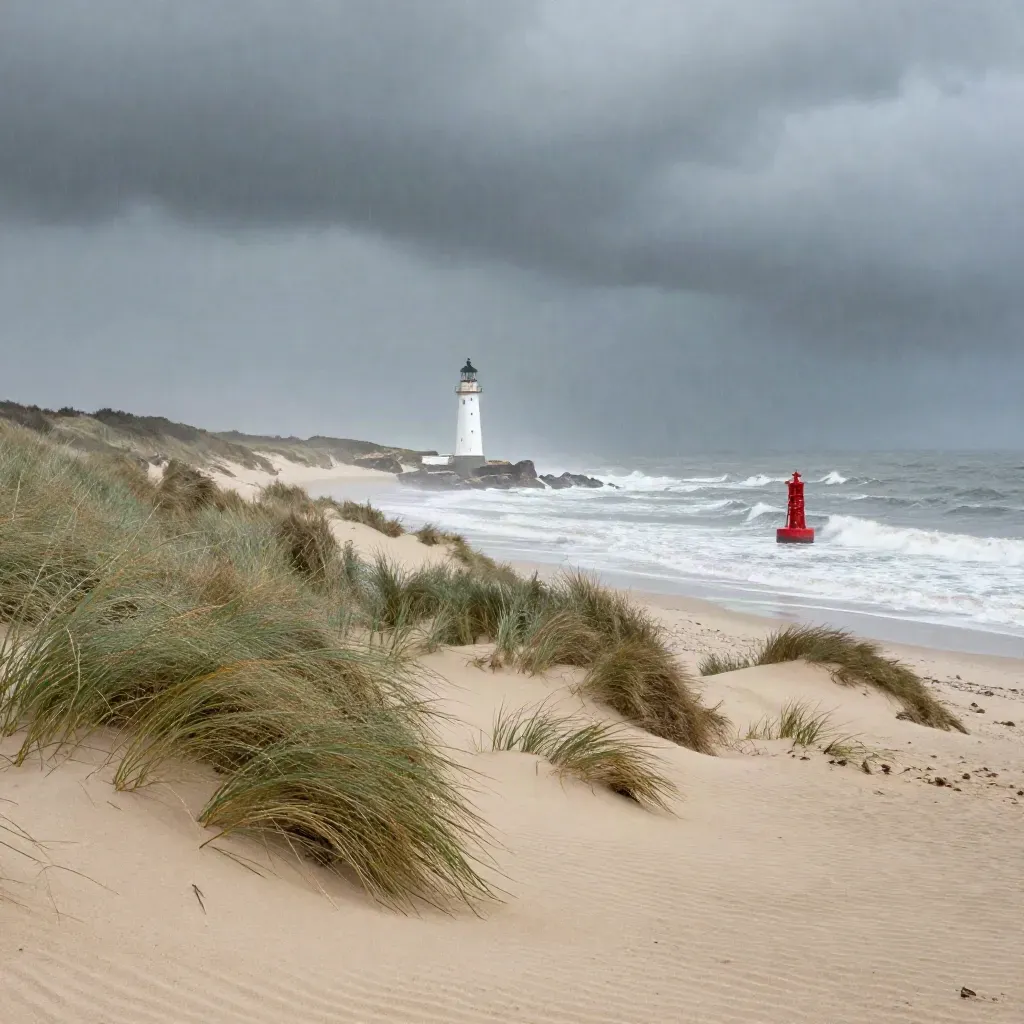 Phare sur dune face à une mer d’orage, avec bouée rouge et embruns.