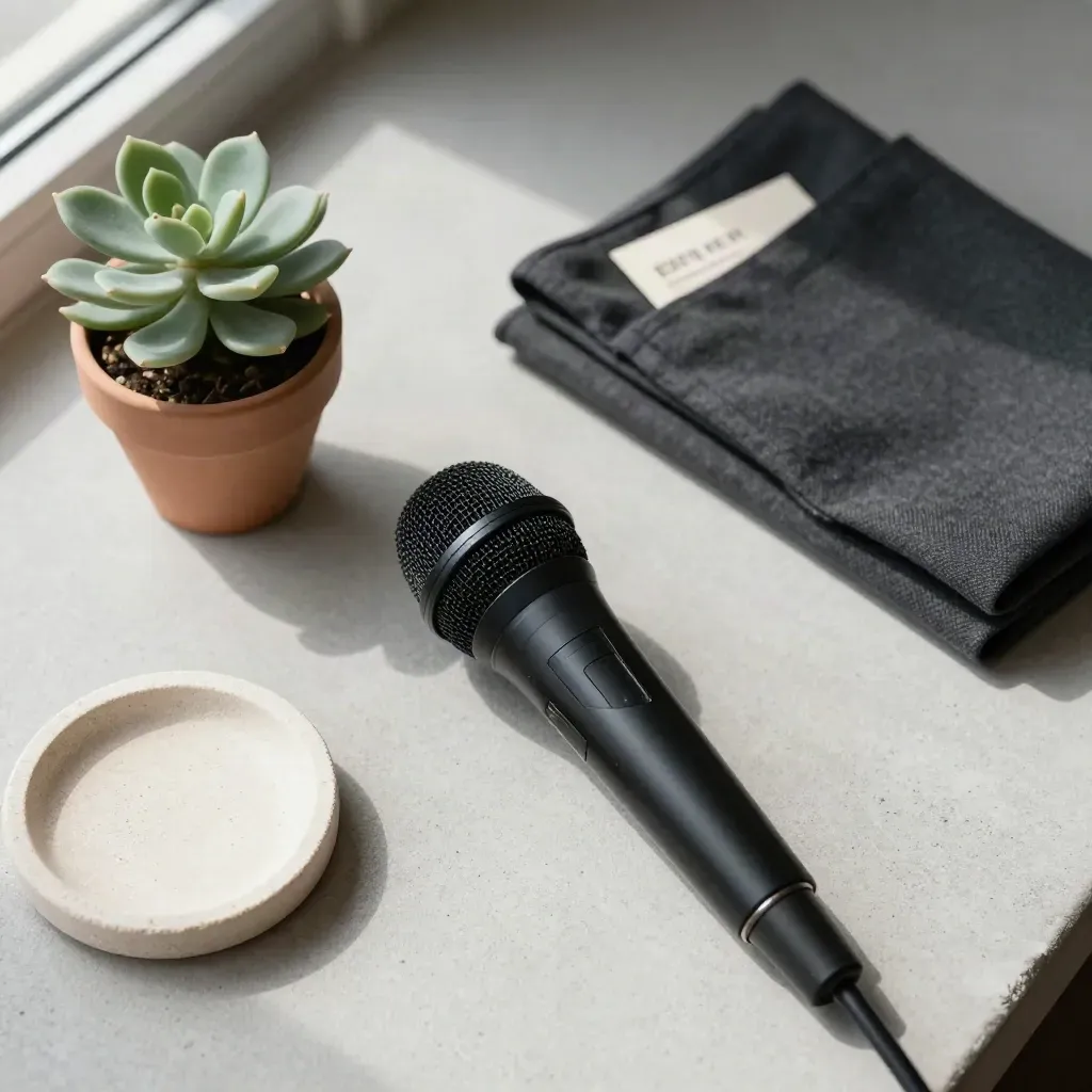 Micro de pupitre, plante en pot, tissu sombre et coupelle en grès sur fond clair.