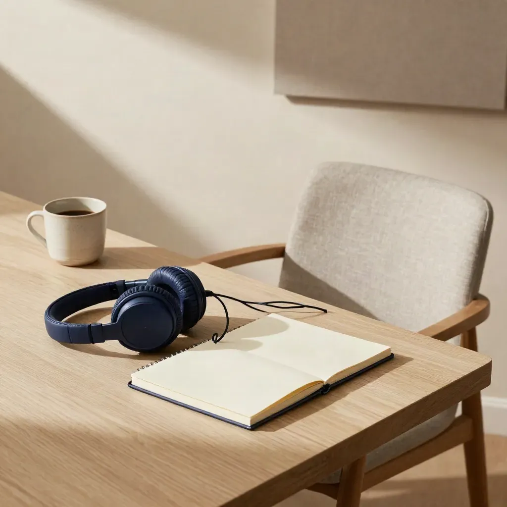 Casque, carnet vierge et tasse sur table claire, chaise vide dans un studio crème.