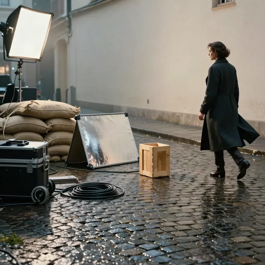 Rue pavée de cinéma, projecteurs diffus et actrice en manteau long au bord du cadre