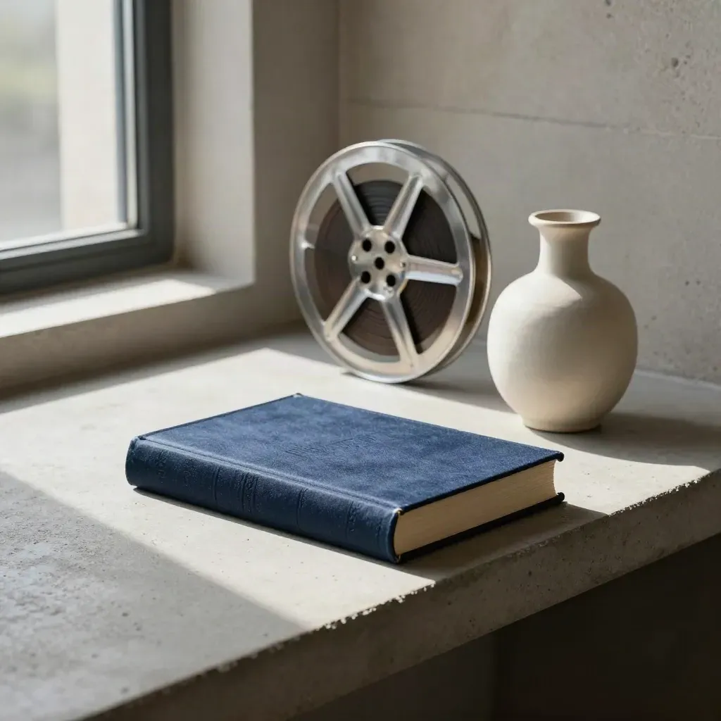 Un livre bleu nuit, une bobine de pellicule et un petit vase en céramique sur une étagère en pierre.