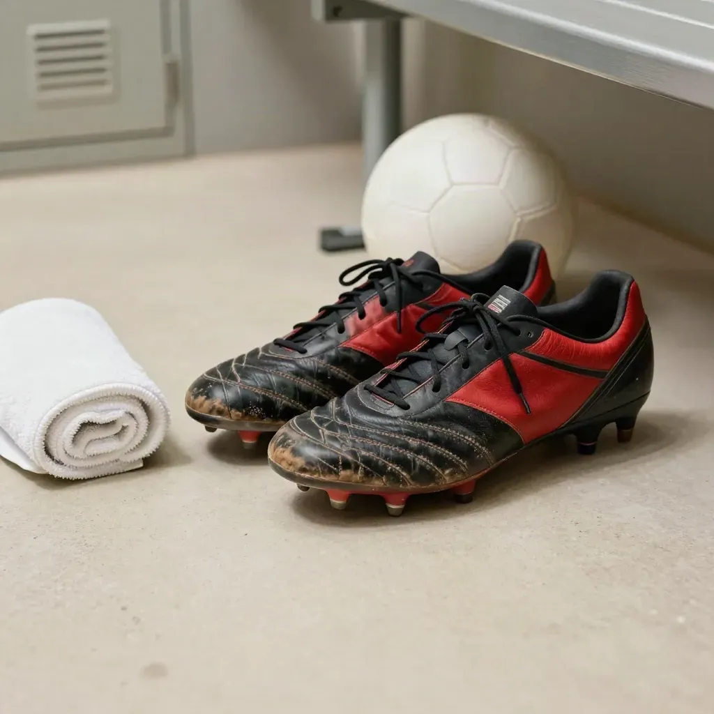 Crampons usés, ballon un peu dégonflé et serviette roulée sur un banc de vestiaire.