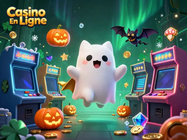 Jouez au Casino En Ligne avec un chat fantôme et ses amis dans une scène de casino animée.