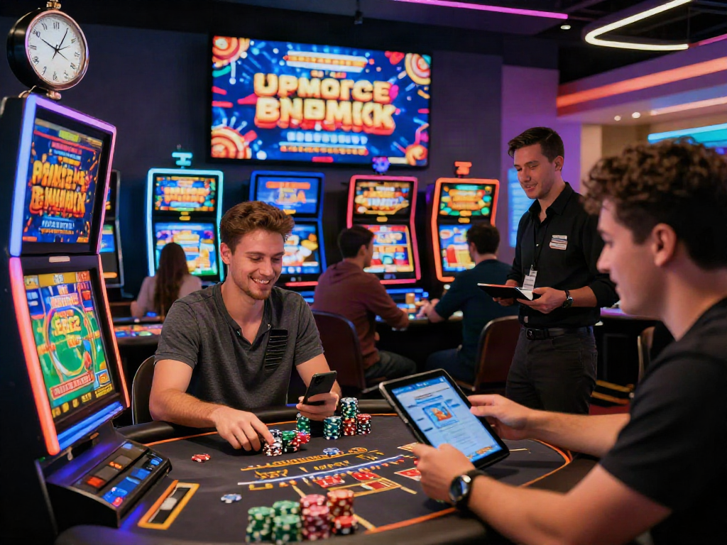 Casino en ligne avec des joueurs heureux sur https://studiobarw.com/, machines à sous colorées et ambiance animée.
