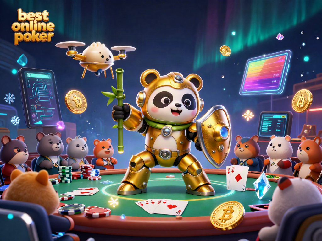 Experience the best online poker with an energetic scene of poker elements and a golden panda character